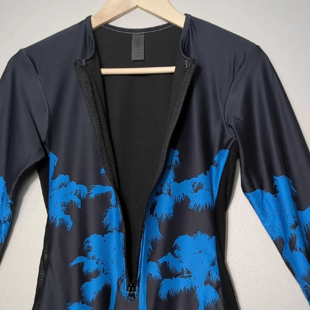 Fashion Nova Drip Palms One Piece Swimsuit Black Blue‎ Long Sleeve Tropical XL